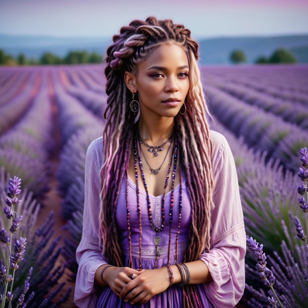 Realistic and Stunning woman dressed in purple and wearing boho clothes, long pink and purple dreadlocks and braids, stunning woman standing in the middle of a sea of ​​lavender, shades of violet blend with the purple hues of the surrounding flowers, high contrast between subject and background, lavender field stretching to the horizon, soft focus background, , natural light, ultra-fine and dramatic lighting.Realistic lighting, highly detailed