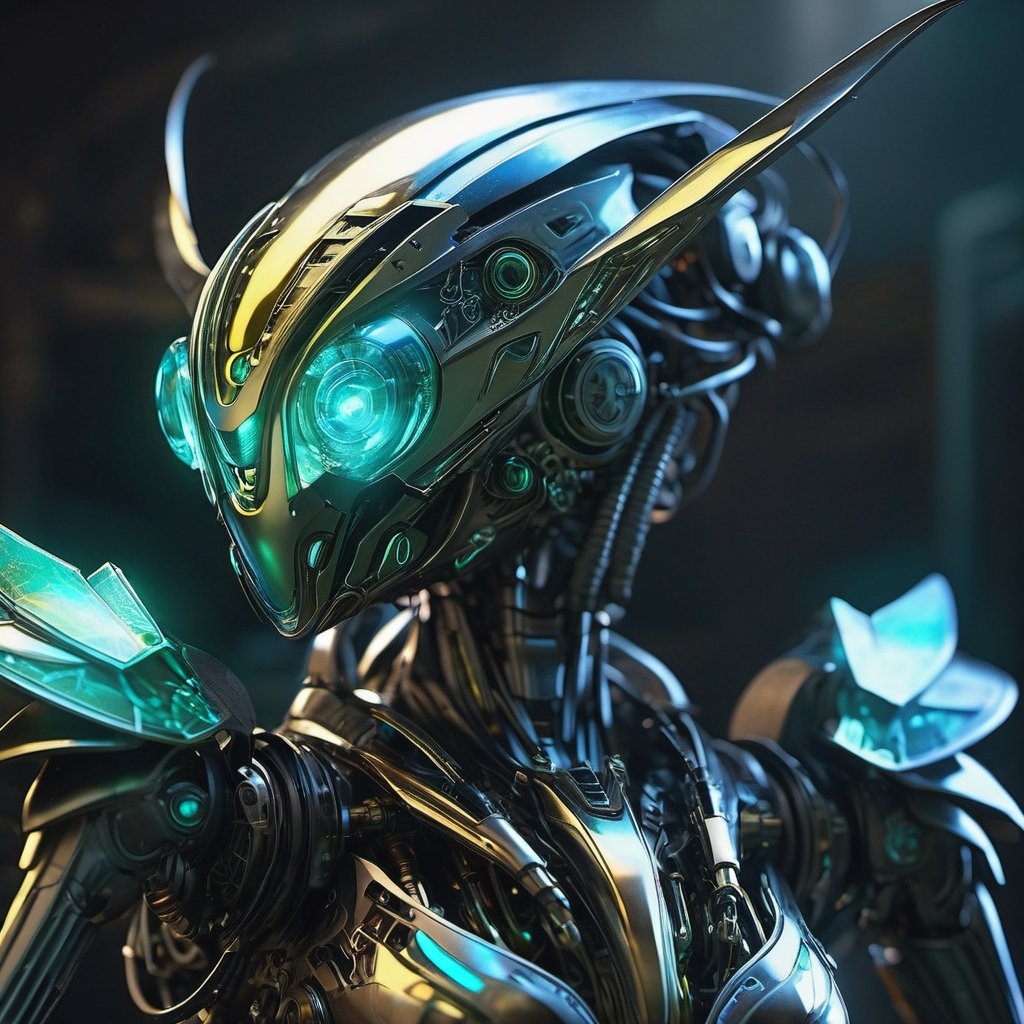 (Masterpiece, the best quality:1.4),
super fine concept art, 
inspired by Kim Keever | Frans Lanting | cryengine, eye-catching,   acidic and luminous colors, intricate, hyperrealistic, close up, head and shoulders portrait , anthropomorphic 
 insanely meticulous detailed biomechanical mantis, symbiote robot, 
polished metallic body, robotic parts, metallic luster, iridescent , phosphorescent aura gas:1.5, 
bioluminescence,
 filigree, mechanical joints, 
sparkling jewel eyes, 
portrait pose, 
 hard surface, flash, glow, haze, 
meticulously detailed Biomechanical metal parts, dark flat background, epic, cinematic image, 32K, UHD,  octane render, luminism
