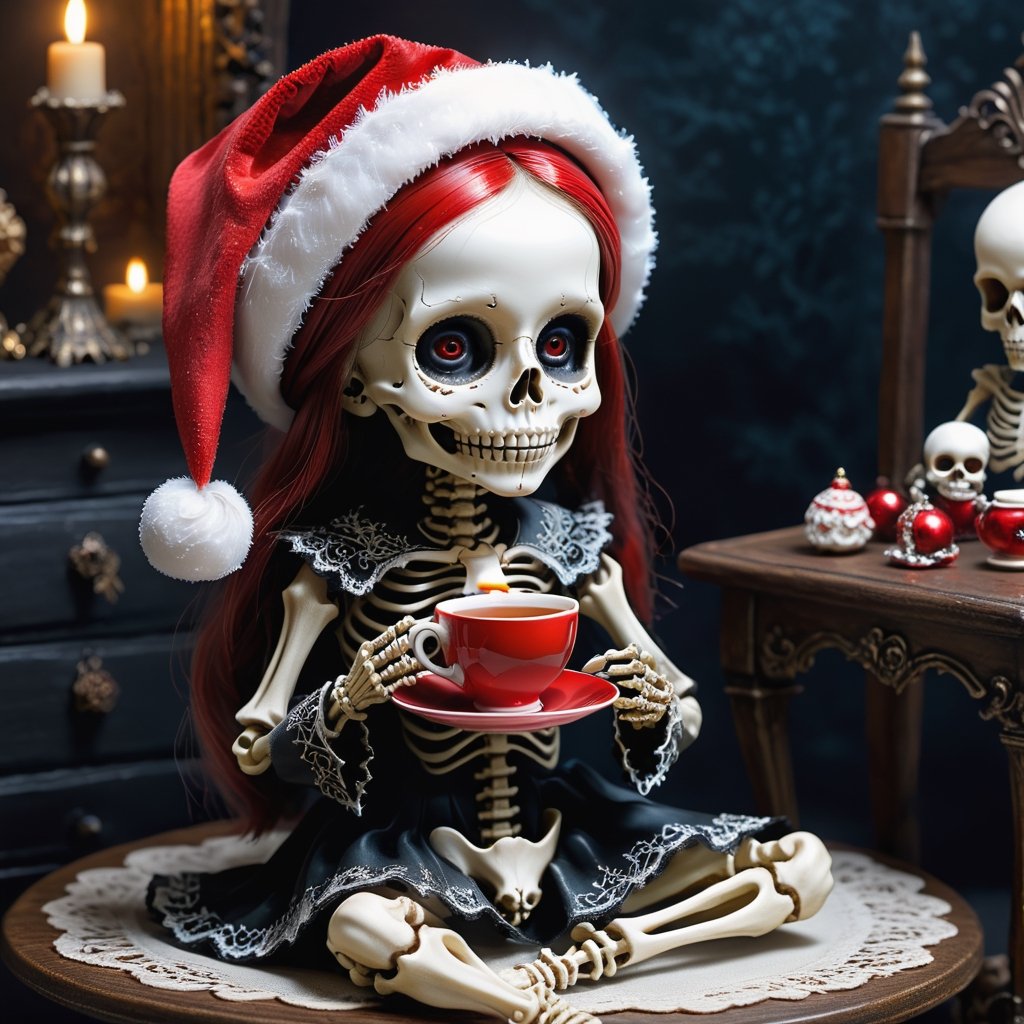 a tiny Christmas girl doll wearing Santa hat that is sitting down with a cup of tea, by Eddie Mendoza, gothic art, textured detailed skeleton, creepy child doll, superb detail 8 k masterpiece, surreal tea party, gothic girl face, super intricate, porcelain doll, intricate ornate anime cgi style, beautiful and terrifying, profile pic, Christmas nightmare theme,