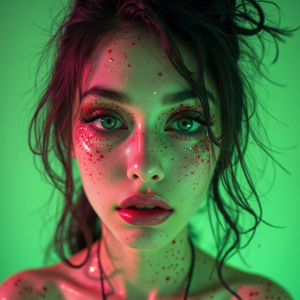 A snapshot of a retro-futuristic, sci-fi, surreal, psychedelic, neon green, pink, polka-dot pattern, exaggerated features, eerie, smooth texture, animalistic eyes, abstract background, 1970s aesthetic, porcelain skin, bleeding makeup, space-age.