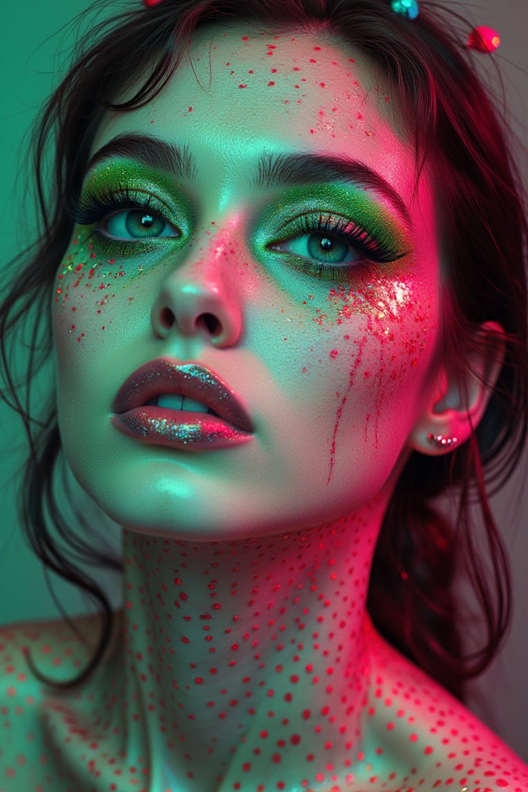 A snapshot of a retro-futuristic, sci-fi, surreal, psychedelic, neon green, pink, polka-dot pattern, exaggerated features, eerie, smooth texture, animalistic eyes, abstract background, 1970s aesthetic, porcelain skin, bleeding makeup, space-age.