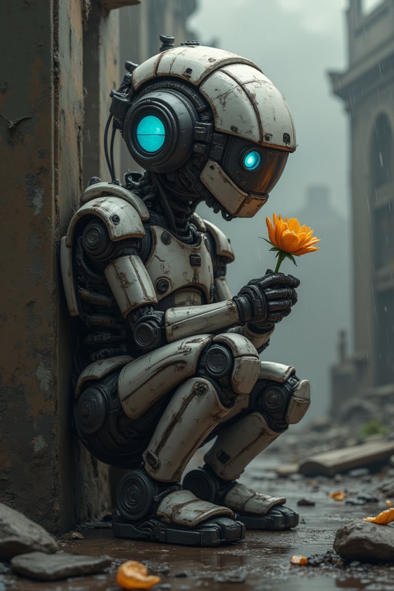 insanely detailed, masterpiece, best quality, 8k, ultra high res, High contrast and low saturation, Create an anime-style illustration of a robot in a rain-soaked ruin, kneeling with one knee, delicately holding a single flower (pinched between its fingers), and gazing at it with a forlorn expression. The robot, with endearing features and a less sleek appearance, exudes a sense of melancholy. Capture the atmosphere of desolation intensified by the rain, while the lone flower symbolizes hope or reflection, adding a touch of warmth and approachability to the character. 