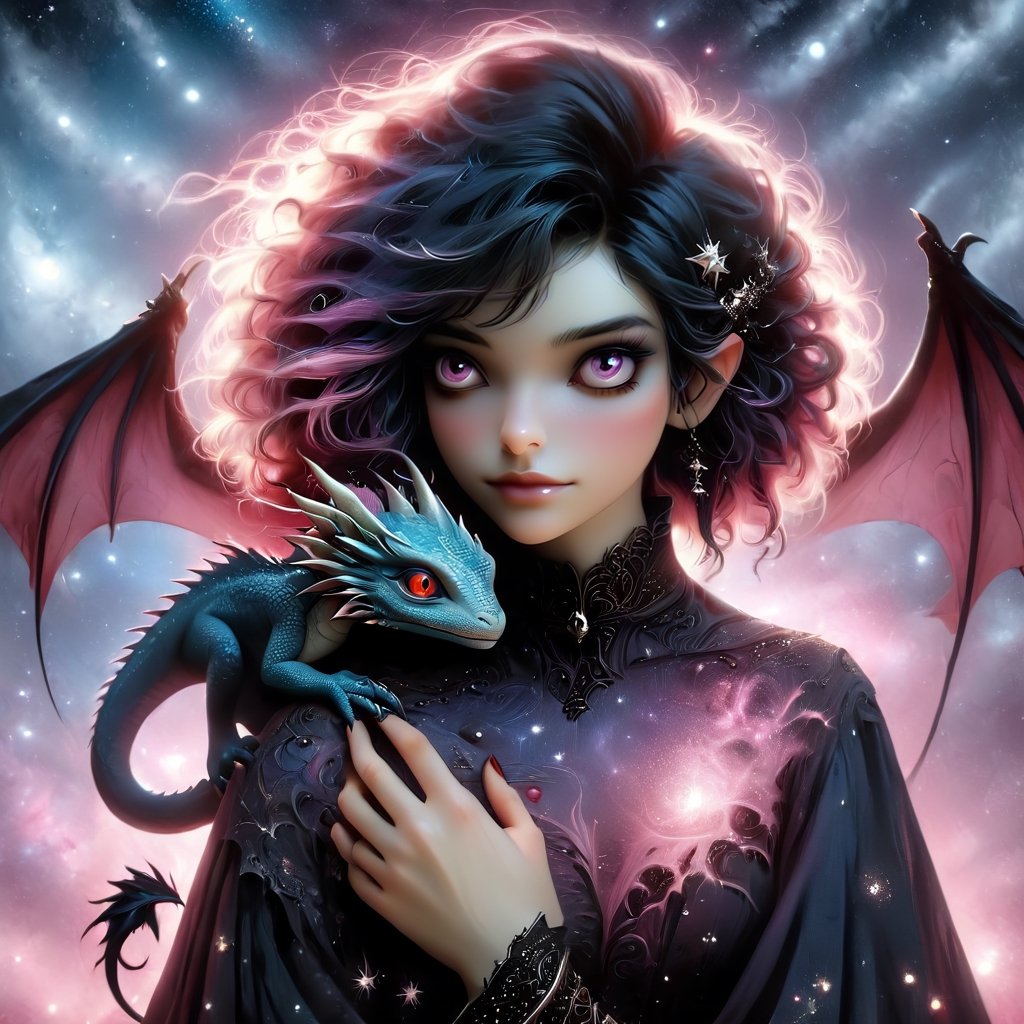 red cartoon character. Vampy is a (((13 years))) old and is a vampire girl. She has ((((short black hair, bob haircut)))), and red eyes. (pink skin), She is gothic, modern dark costume.

{{best quality}}, {{masterpiece}}, {{ultra detailed}}, {illustration}, {light detailed}, {an extremely delicate and beautiful}, Vampy holding a cute little dragon, a realistic little dragon, {beautiful detailed eyes}, stars in eyes, messy floating hair, colored inner hair, starry sky adorns hair, depth of field, detailed eyes, PetDragon2024xl, niji style, perfectly posed, meticulously composed.
​​All styles of artists Dan Mumford, Andy Kehoe and Luis Royo, featuring a double exposure effect on the texture of cracked paper, and vibrant colors