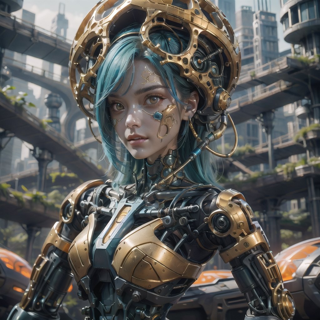 Cinematic results, colorful picture of a beautiful cyborg with short flowy blue hair,  she is wearing an intricate brocade dress gold jewelry,  she is surrounded by nature in a futuristic utopian city, work of beauty and complexity, dynamic pose, 8kUHD , ultradetailed face  ,DonMG414, surreal vibe, flowers, amber glow,