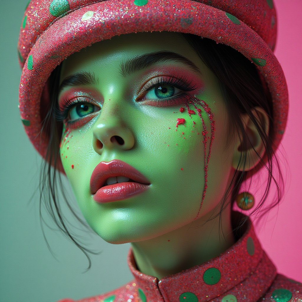 A snapshot of a retro-futuristic, sci-fi, surreal, psychedelic, neon green, pink, polka-dot pattern, exaggerated features, eerie, smooth texture, animalistic eyes, abstract background, 1970s aesthetic, porcelain skin, bleeding makeup, space-age.