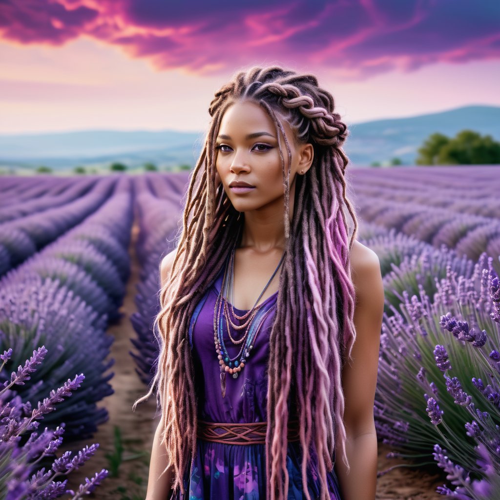 Realistic and Stunning woman dressed in purple and wearing boho clothing, long pink and purple dreadlocks and braids, stunning woman standing amidst a sea of ​​lavender, ink splashes accentuate the intricate details of her outfit, shades of violet blend with the purple hues of the surrounding flowers, high contrast between subject and background, lavender field stretching to the horizon, soft focus background, ink splashes adding dynamic texture, natural light, ultra-fine and dramatic lighting. Realistic lighting, highly detailed,beautiful hair, long hair