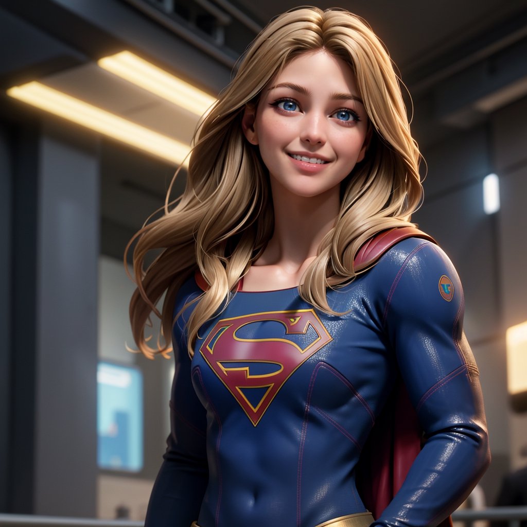 real, atmospheric scene, masterpiece, best quality, (detailed face, detail skin texture, ultra-detailed body),(cinematic light),, 1girl, s0p3r6m3l1s4-smf, solo, realistic, blonde hair, blue eyes, long hair, superhero, lips, upper body, smile, closed mouth, bodysuit, teeth, grin,cyberpunk,girl