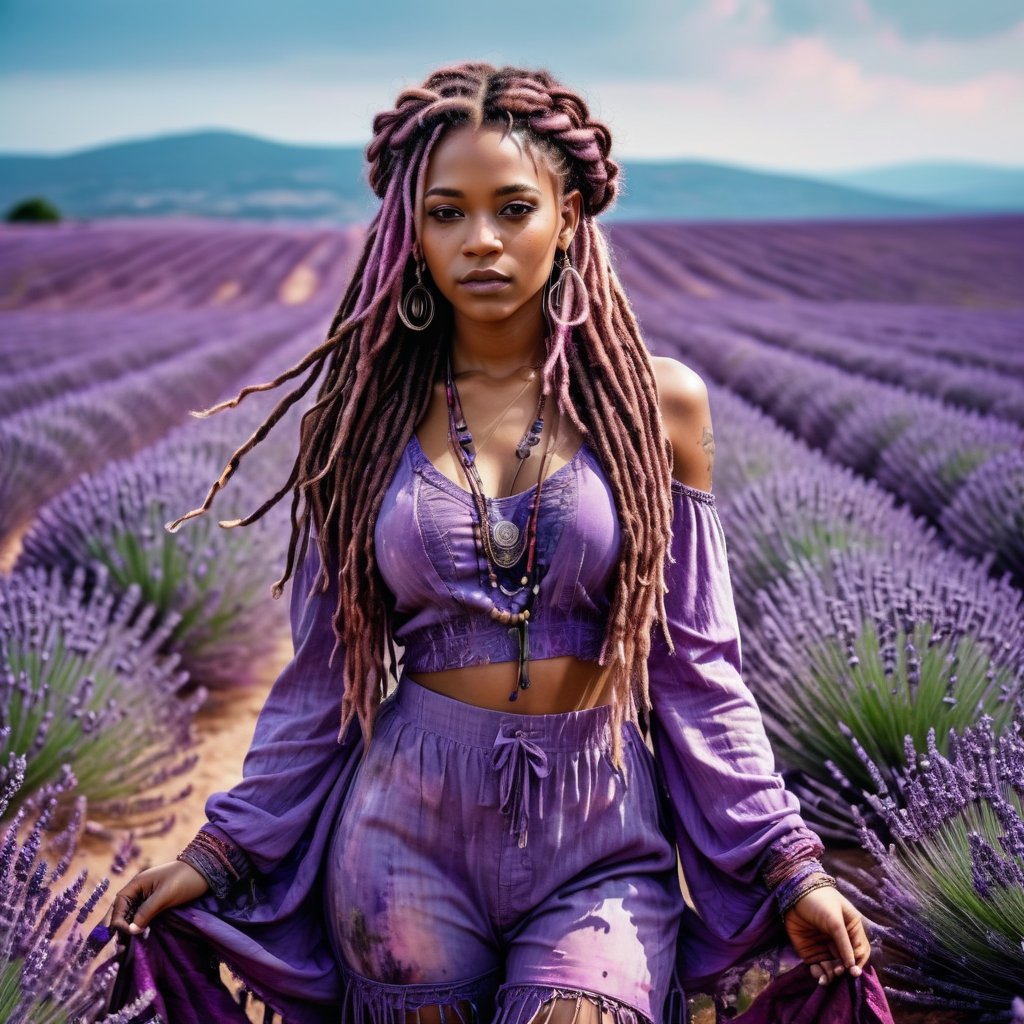 Realistic and Stunning woman dressed in purple and wearing boho clothing, long pink and purple dreadlocks and braids, stunning woman standing amidst a sea of ​​lavender, ink splashes accentuate the intricate details of her outfit, shades of violet blend with the purple hues of the surrounding flowers, high contrast between subject and background, lavender field stretching to the horizon, soft focus background, ink splashes adding dynamic texture, natural light, ultra-fine and dramatic lighting. Realistic lighting, highly detailed