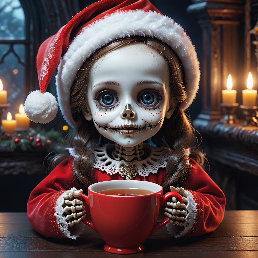 a tiny Christmas girl doll wearing Santa hat that is sitting down with a cup of tea, by Eddie Mendoza, gothic art, textured detailed skeleton, creepy child doll, superb detail 8 k masterpiece, surreal tea party, gothic girl face, super intricate, porcelain doll, intricate ornate anime cgi style, beautiful and terrifying, profile pic, Christmas nightmare theme,Ultra-detailed 3D digital art, high resolution, photorealistic rendering, sharp focus, high-quality background, ultra-detailed landscape, ultra-sharp focus, consistent style, unique and well-developed concept, Unreal Engine, intricate details, beautiful color grading, bright lights , symmetry.
