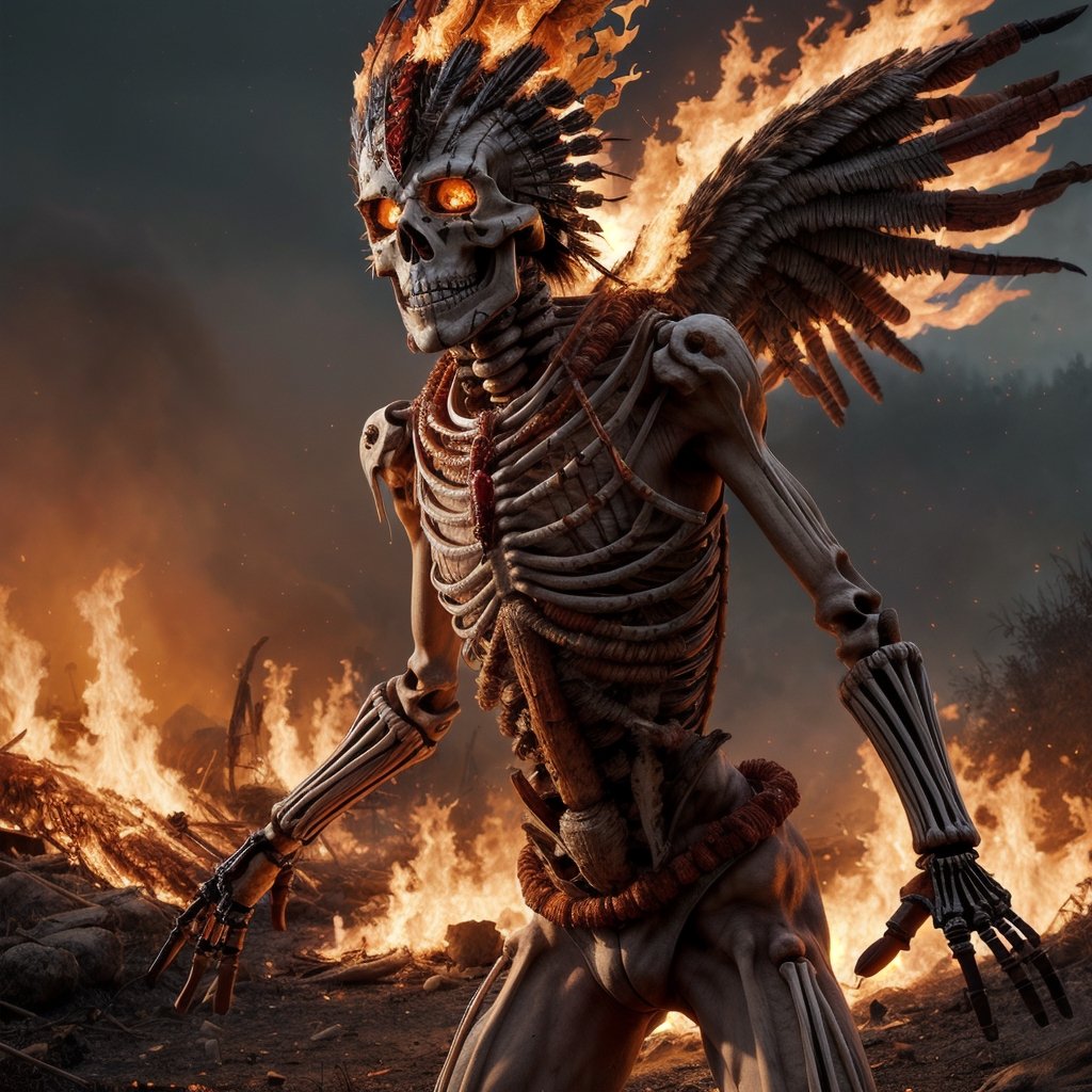 Full image of a Skeleton with full of fire , with lakota headdress in the battlefield, fire burning everywhere, flame on , post apocalypse, realistic, 34k, dc comics,realistic,More Detail