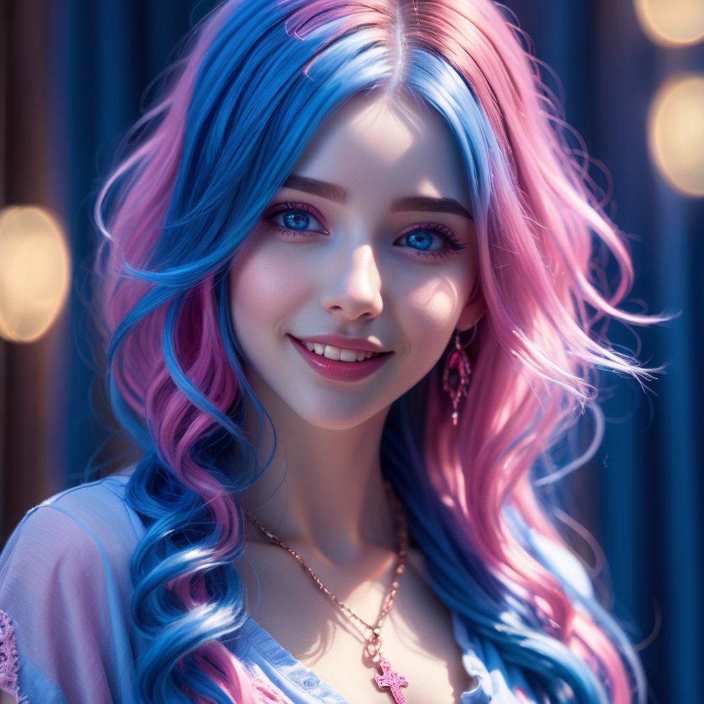 1girl, photorealistic, naughty face, multicolored hair, pink hair, blue hair, rolling_eyes, cross-eyed, ahegao, open mouth, evil smile,(RAW photo, best quality), (realistic, photo-Realistic:1.3), best quality, masterpiece, beautiful and aesthetic, 16K, (HDR:1.4), high contrast, (vibrant color:1.4), (muted colors, dim colors, soothing tones:0), cinematic lighting, ambient lighting, sidelighting, Exquisite details and textures, cinematic shot, Warm tone, (Bright and intense:1.2), ultra realistic illustration, siena natural ratio, 	(fantasy theme:1.4),	very long curly hair, (pink|blue hair:1.5), shirt unbuttoned,	a beautiful Ukrainian model, 	blue eyes,	Ruby necklace, bracelet, provocative, looking at the viewer