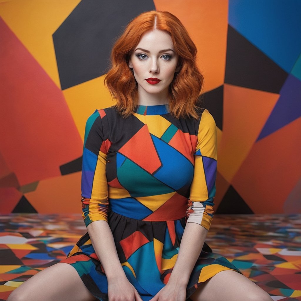 A panoramic photo featuring a woman sitting in front of a colorful, abstract background. She has shoulder-length, slightly wavy, bright orange hair that falls over her shoulders. Her face is delicate and even, with perfectly applied eye makeup and red lips. She looks directly at the camera with a pensive expression. The woman is wearing a striking, colorful dress in the style of abstract expressionism. The dress is made up of geometric shapes in bold colors like yellow, red, blue, and black. The dress has long sleeves and appears to reach her knees. Her left hand supports her face while her right arm rests loosely on her lap. The background consists of large abstract color fields in similar colors to the dress. These color fields are irregularly shaped and resemble a large-scale painting. The colors in the background harmonize with those of the dress, creating a visual connection between the woman and the background. The lighting in the image is soft and even, highlighting the woman.