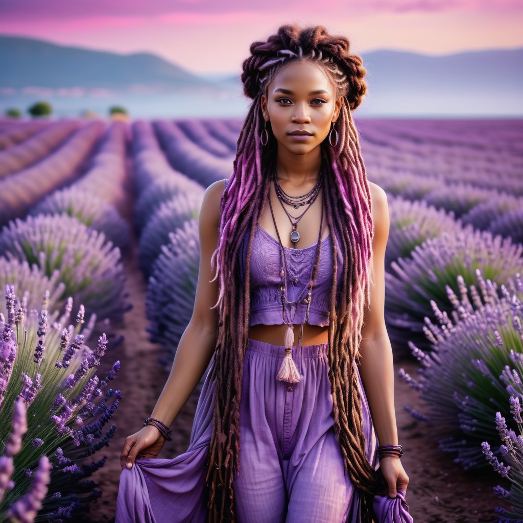 Realistic and Stunning woman dressed in purple and wearing boho clothes, long pink and purple dreadlocks and braids, stunning woman standing in the middle of a sea of ​​lavender, shades of violet blend with the purple hues of the surrounding flowers, high contrast between subject and background, lavender field stretching to the horizon, soft focus background, , natural light, ultra-fine and dramatic lighting.Realistic lighting, highly detailed