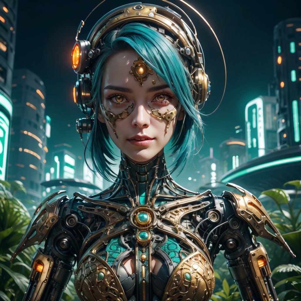 Cinematic results, colorful picture of a beautiful cyborg with short flowy blue hair,  she is wearing an intricate brocade dress gold jewelry,  she is surrounded by nature in a futuristic utopian city, work of beauty and complexity, dynamic pose, 8kUHD , ultradetailed face  ,DonMG414, surreal vibe, flowers, amber glow,