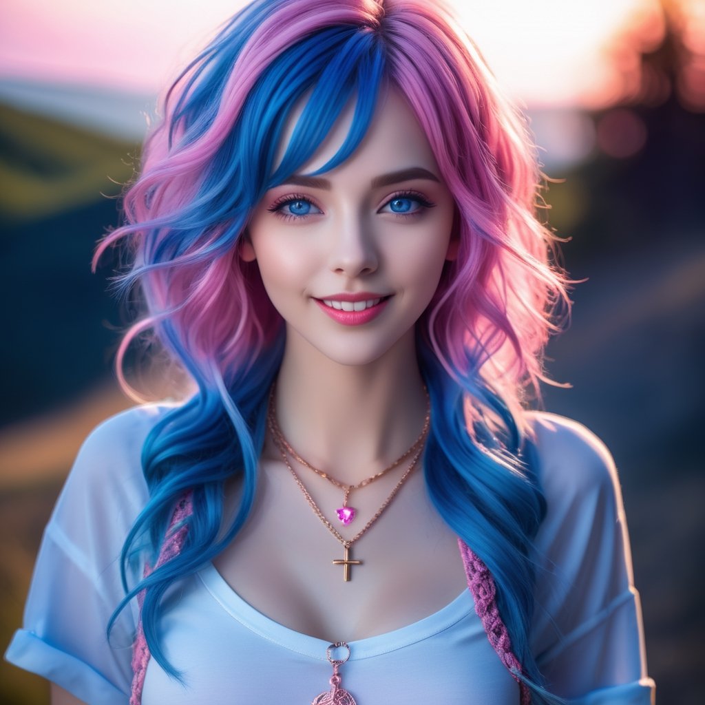 1girl, photorealistic, naughty face, multicolored hair, pink hair, blue hair, rolling_eyes, cross-eyed, ahegao, open mouth, evil smile,(RAW photo, best quality), (realistic, photo-Realistic:1.3), best quality, masterpiece, beautiful and aesthetic, 16K, (HDR:1.4), high contrast, (vibrant color:1.4), (muted colors, dim colors, soothing tones:0), cinematic lighting, ambient lighting, sidelighting, Exquisite details and textures, cinematic shot, Warm tone, (Bright and intense:1.2), ultra realistic illustration, siena natural ratio, 	(fantasy theme:1.4),	very long curly hair, (pink|blue hair:1.5), shirt unbuttoned,	a beautiful Ukrainian model, 	blue eyes,	Ruby necklace, bracelet, provocative, looking at the viewer