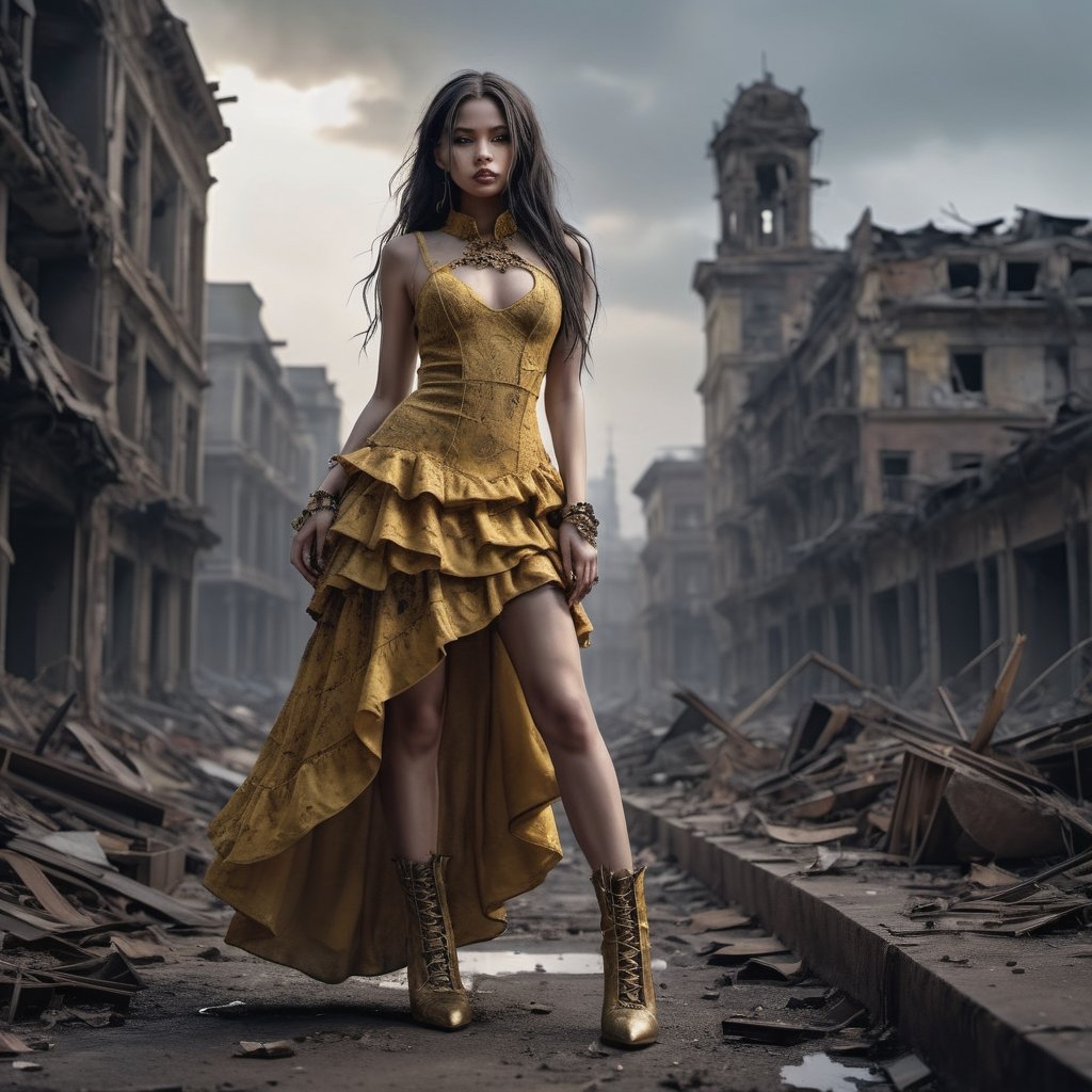 A cinematic photo of a stunning model dressed in yellow with open shoes, luxury dress, in the style of multi-layered textures, ornamental details, gothic core, highly detailed, photorealism, attractive and beautiful beauty, while standing dominantly and confidently in a desolate place. , dark post-apocalyptic cityscape, capturing the stark juxtaposition of beauty and decay, with the model's perfect skin shining like a beacon of hope amidst the devastated cityscape. Photographed with a focused depth of field to blur the gloomy surroundings, emphasizing her striking, rebellious pose. full body, golden hour.
