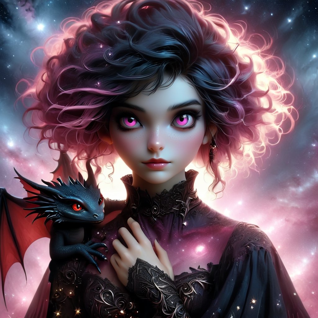 red cartoon character. Vampy is a (((13 years))) old and is a vampire girl. She has ((((short black hair, bob haircut)))), and red eyes. (pink skin), She is gothic, modern dark costume.

{{best quality}}, {{masterpiece}}, {{ultra detailed}}, {illustration}, {light detailed}, {an extremely delicate and beautiful}, Vampy holding a cute little dragon, a realistic little dragon, {beautiful detailed eyes}, stars in eyes, messy floating hair, colored inner hair, starry sky adorns hair, depth of field, detailed eyes, PetDragon2024xl, niji style, perfectly posed, meticulously composed.
​​All styles of artists Dan Mumford, Andy Kehoe and Luis Royo, featuring a double exposure effect on the texture of cracked paper, and vibrant colors