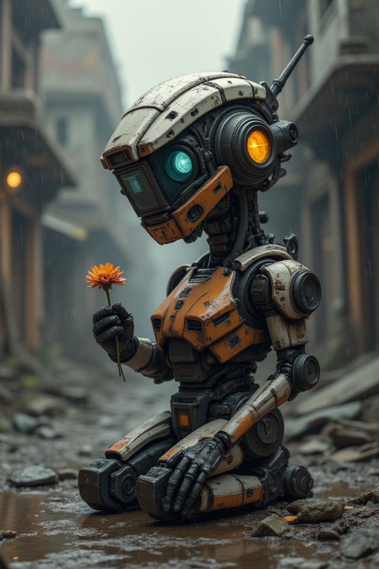 insanely detailed, masterpiece, best quality, 8k, ultra high res, High contrast and low saturation, Create an anime-style illustration of a robot in a rain-soaked ruin, kneeling with one knee, delicately holding a single flower (pinched between its fingers), and gazing at it with a forlorn expression. The robot, with endearing features and a less sleek appearance, exudes a sense of melancholy. Capture the atmosphere of desolation intensified by the rain, while the lone flower symbolizes hope or reflection, adding a touch of warmth and approachability to the character.,MechGolemABM-BS01,MechWandererABM-WS01,MechSequrityABM-SQ01