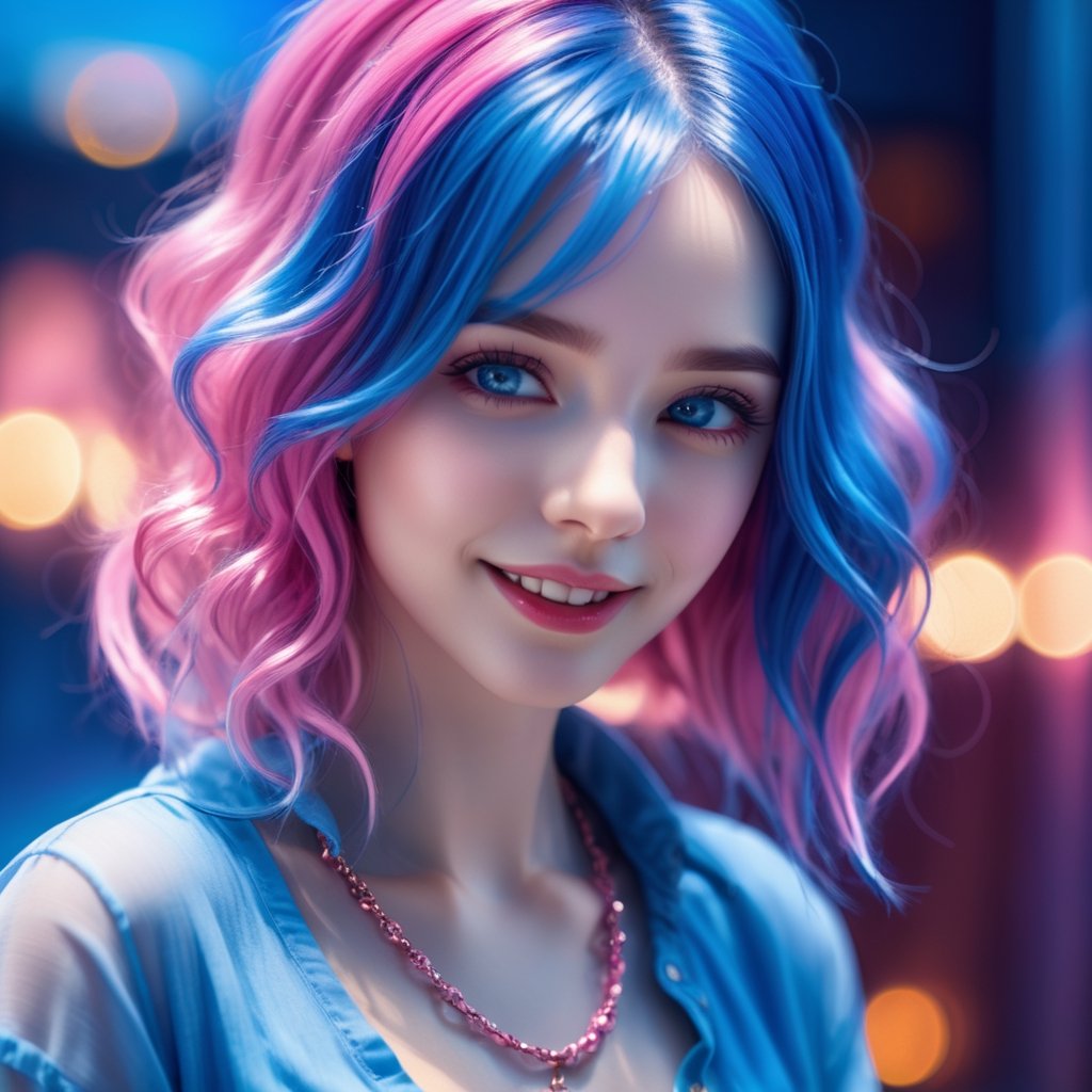 1girl, photorealistic, naughty face, multicolored hair, pink hair, blue hair, rolling_eyes, cross-eyed, ahegao, open mouth, evil smile,(RAW photo, best quality), (realistic, photo-Realistic:1.3), best quality, masterpiece, beautiful and aesthetic, 16K, (HDR:1.4), high contrast, (vibrant color:1.4), (muted colors, dim colors, soothing tones:0), cinematic lighting, ambient lighting, sidelighting, Exquisite details and textures, cinematic shot, Warm tone, (Bright and intense:1.2), ultra realistic illustration, siena natural ratio, 	(fantasy theme:1.4),	very long curly hair, (pink|blue hair:1.5), shirt unbuttoned,	a beautiful Ukrainian model, 	blue eyes,	Ruby necklace, bracelet, provocative, looking at the viewer