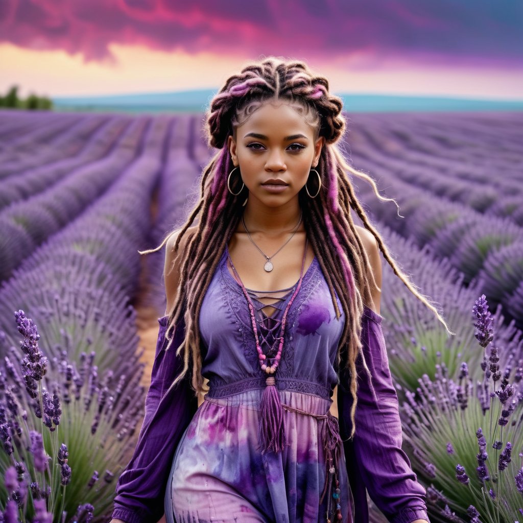 Realistic and Stunning woman dressed in purple and wearing boho clothing, long pink and purple dreadlocks and braids, stunning woman standing amidst a sea of ​​lavender, ink splashes accentuate the intricate details of her outfit, shades of violet blend with the purple hues of the surrounding flowers, high contrast between subject and background, lavender field stretching to the horizon, soft focus background, ink splashes adding dynamic texture, natural light, ultra-fine and dramatic lighting. Realistic lighting, highly detailed