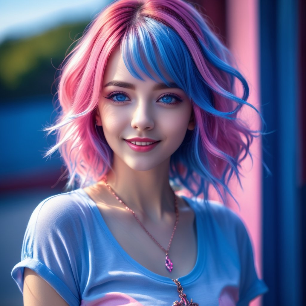 1girl, photorealistic, naughty face, multicolored hair, pink hair, blue hair, rolling_eyes, cross-eyed, ahegao, open mouth, evil smile,(RAW photo, best quality), (realistic, photo-Realistic:1.3), best quality, masterpiece, beautiful and aesthetic, 16K, (HDR:1.4), high contrast, (vibrant color:1.4), (muted colors, dim colors, soothing tones:0), cinematic lighting, ambient lighting, sidelighting, Exquisite details and textures, cinematic shot, Warm tone, (Bright and intense:1.2), ultra realistic illustration, siena natural ratio, 	(fantasy theme:1.4),	very long curly hair, (pink|blue hair:1.5), shirt unbuttoned,	a beautiful Ukrainian model, 	blue eyes,	Ruby necklace, bracelet, provocative, looking at the viewer