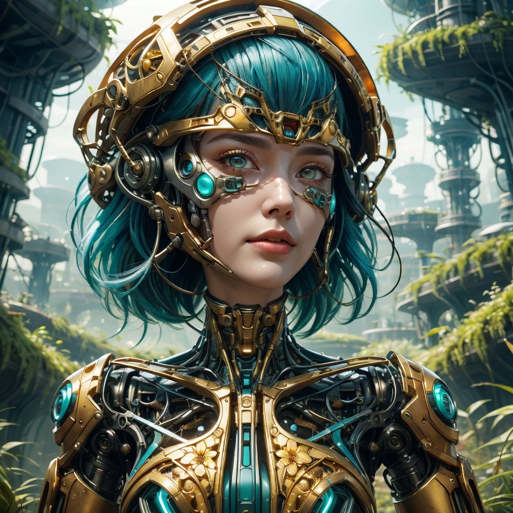 Cinematic results, colorful picture of a beautiful cyborg with short flowy blue hair,  she is wearing an intricate brocade dress gold jewelry,  she is surrounded by nature in a futuristic utopian city, work of beauty and complexity, dynamic pose, 8kUHD , ultradetailed face  ,DonMG414, surreal vibe, flowers, amber glow,