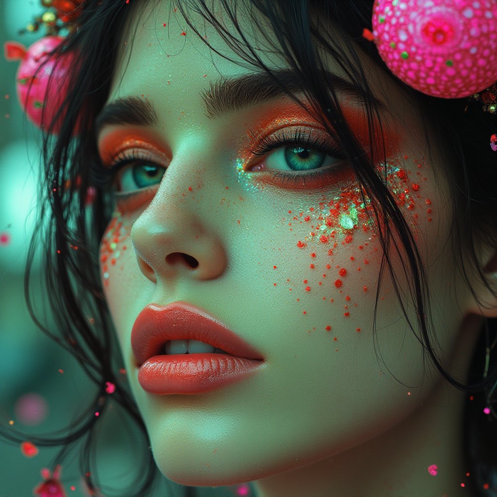 A snapshot of a retro-futuristic, sci-fi, surreal, psychedelic, neon green, pink, polka-dot pattern, exaggerated features, eerie, smooth texture, animalistic eyes, abstract background, 1970s aesthetic, porcelain skin, bleeding makeup, space-age.