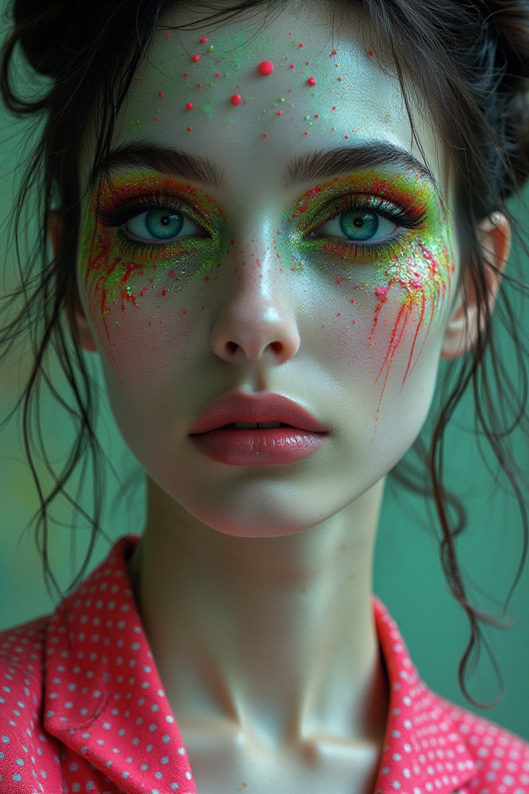 A snapshot of a retro-futuristic, sci-fi, surreal, psychedelic, neon green, pink, polka-dot pattern, exaggerated features, eerie, smooth texture, animalistic eyes, abstract background, 1970s aesthetic, porcelain skin, bleeding makeup, space-age.