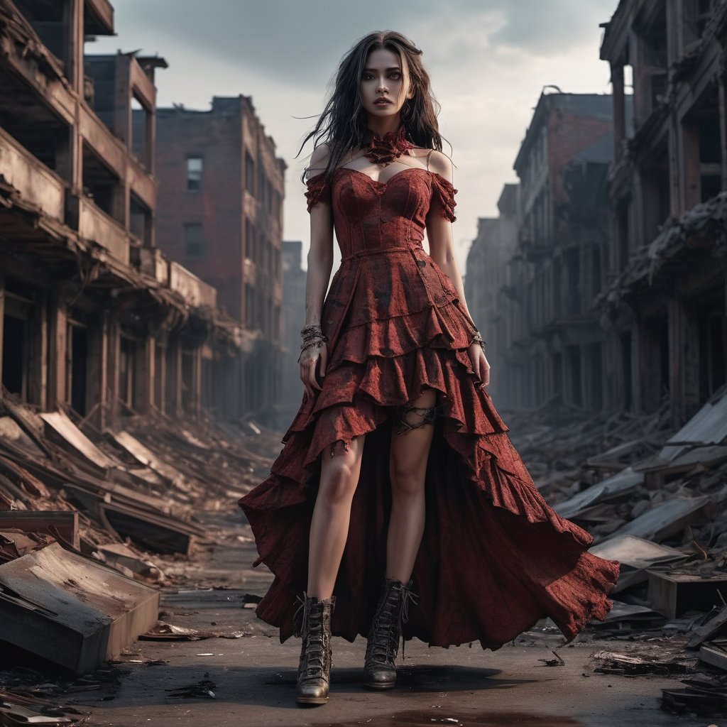 A cinematic photo of a stunning model in red with open shoes, luxury dress, in the style of multi-layered textures, ornate details, gothic core, highly detailed, photorealism, attractive, gorgeous beauty, as she stands dominantly and confidently in a desolate, dark post-apocalyptic cityscape, capturing the stark juxtaposition of beauty and decay, with the model's flawless skin glowing like a beacon of hope amidst the ravaged urban landscape. photographed with a focused depth of field to blur the bleak surroundings, emphasizing her striking, rebellious pose. full body, golden hour.

