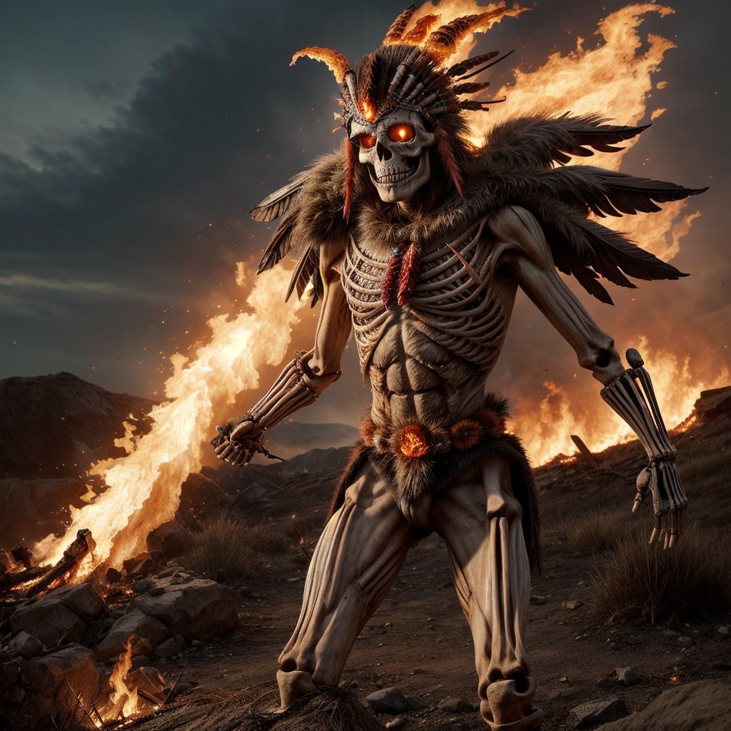 Full image of a Skeleton with full of fire , with lakota headdress in the battlefield, fire burning everywhere, flame on , post apocalypse, realistic, 34k, dc comics,realistic