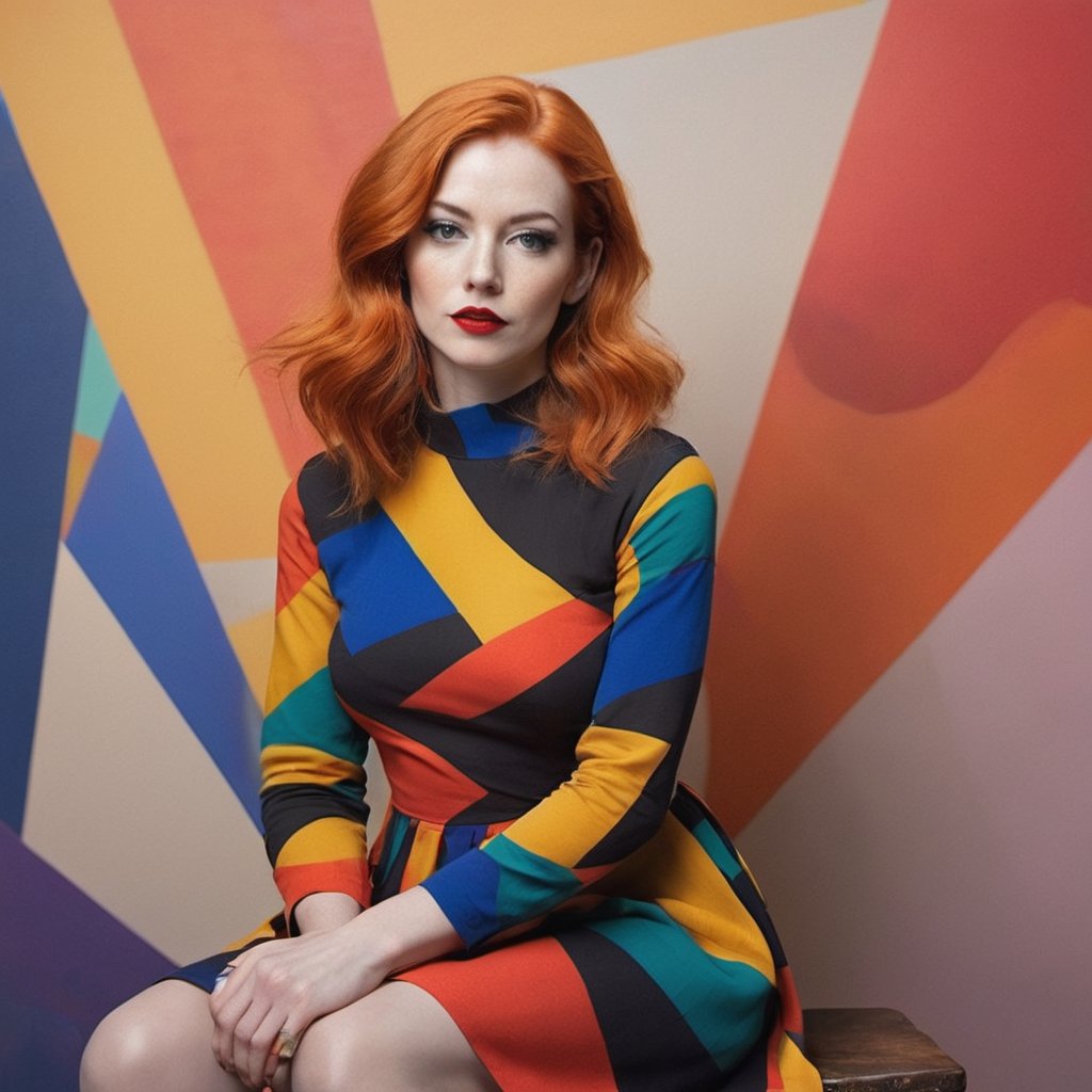 A panoramic photo featuring a woman sitting in front of a colorful, abstract background. She has shoulder-length, slightly wavy, bright orange hair that falls over her shoulders. Her face is delicate and even, with perfectly applied eye makeup and red lips. She looks directly at the camera with a pensive expression. The woman is wearing a striking, colorful dress in the style of abstract expressionism. The dress is made up of geometric shapes in bold colors like yellow, red, blue, and black. The dress has long sleeves and appears to reach her knees. Her left hand supports her face while her right arm rests loosely on her lap. The background consists of large abstract color fields in similar colors to the dress. These color fields are irregularly shaped and resemble a large-scale painting. The colors in the background harmonize with those of the dress, creating a visual connection between the woman and the background. The lighting in the image is soft and even, highlighting the woman.