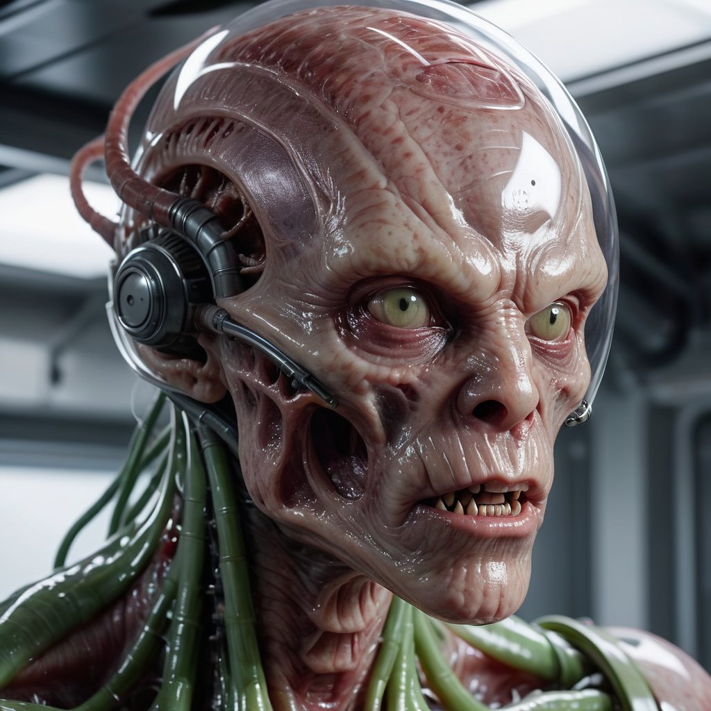 Hyperrealistic, HD, intricate details, humanoid decapodicampes monster, head and half head, with half translucent body and internal in a high-tech alien lab, translucent-flesh-grey, raw meat face, edges merged, smooth heads, smooth face, organic smooth scaly skin, horn, spacesuit, helmet, wet, bulky, old civic building, silk skin, compound eyes, tiny bug eyes with slit pupils, solid neck, hair, focus, by pascal blanche rutkowski repin artstation hyperrealism, 4 k 