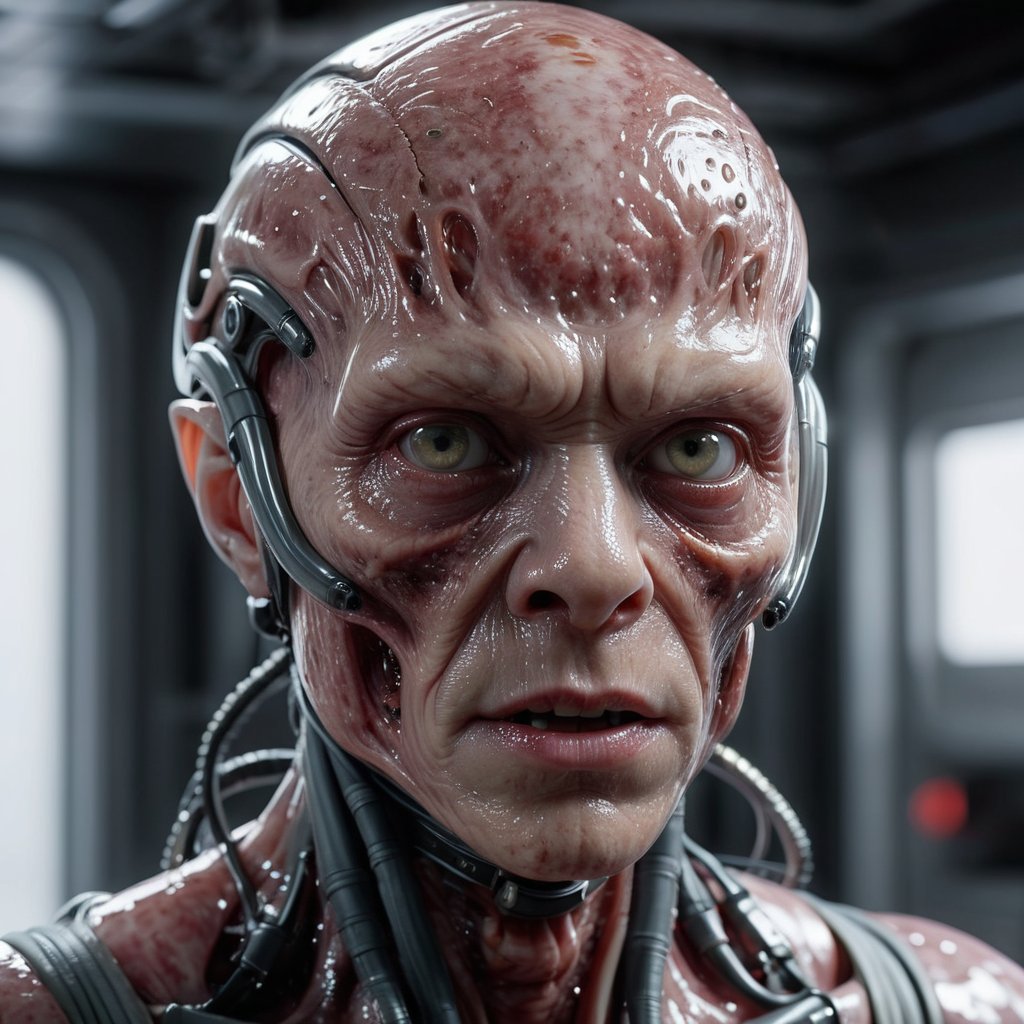 Hyperrealistic, HD, intricate details, humanoid decapodicampes monster, head and half head, with half translucent body and internal in a high-tech alien lab, translucent-flesh-grey, raw meat face, edges merged, smooth heads, smooth face, organic smooth scaly skin, horn, spacesuit, helmet, wet, bulky, old civic building, silk skin, compound eyes, tiny bug eyes with slit pupils, solid neck, hair, focus, by pascal blanche rutkowski repin artstation hyperrealism, 4 k 