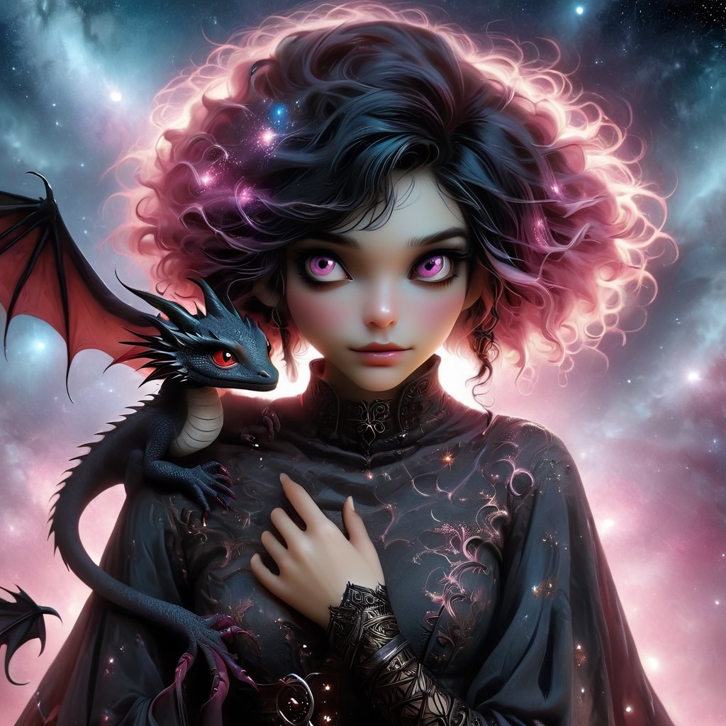 red cartoon character. Vampy is a (((13 years))) old and is a vampire girl. She has ((((short black hair, bob haircut)))), and red eyes. (pink skin), She is gothic, modern dark costume.

{{best quality}}, {{masterpiece}}, {{ultra detailed}}, {illustration}, {light detailed}, {an extremely delicate and beautiful}, Vampy holding a cute little dragon, a realistic little dragon, {beautiful detailed eyes}, stars in eyes, messy floating hair, colored inner hair, starry sky adorns hair, depth of field, detailed eyes, PetDragon2024xl, niji style, perfectly posed, meticulously composed.
​​All styles of artists Dan Mumford, Andy Kehoe and Luis Royo, featuring a double exposure effect on the texture of cracked paper, and vibrant colors