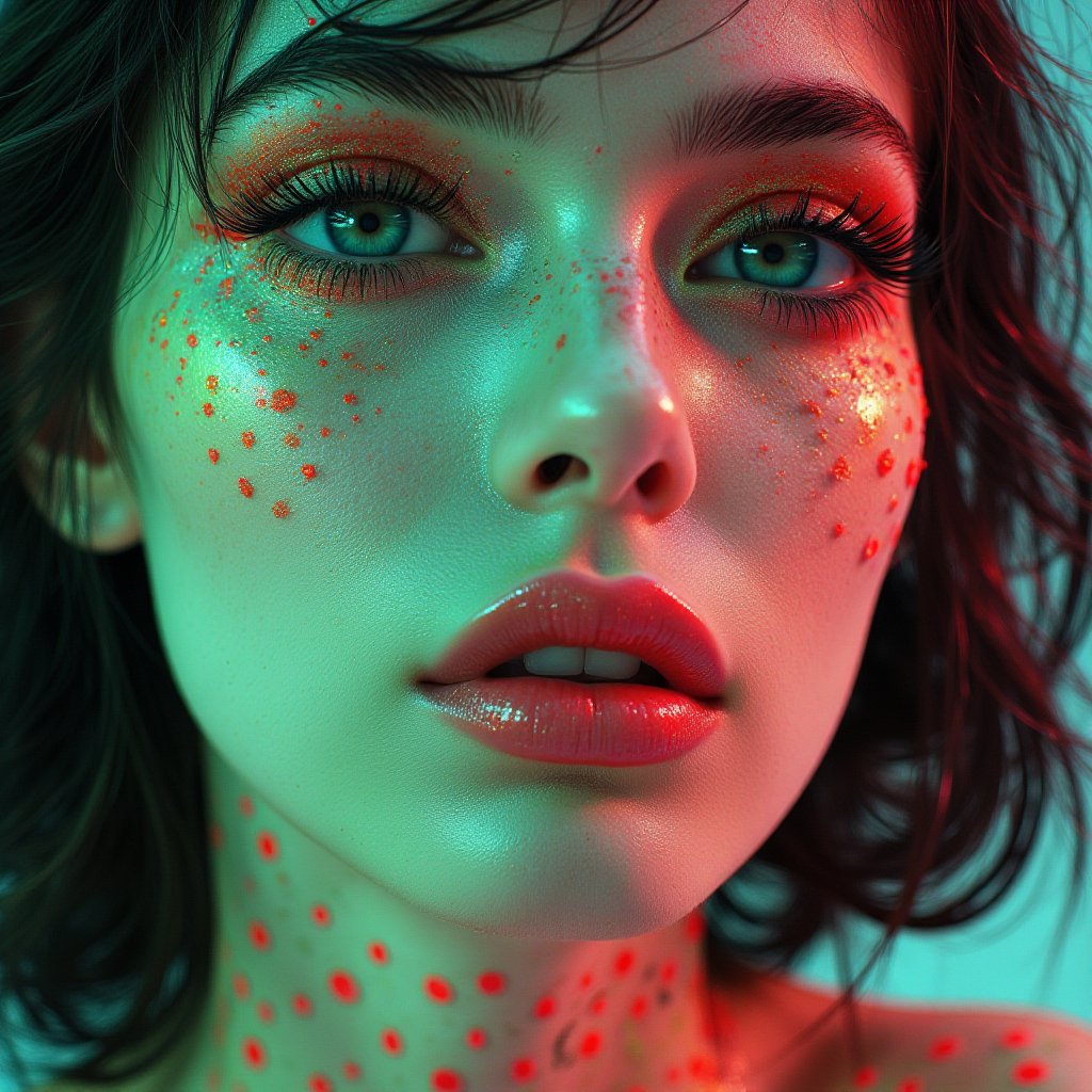 A snapshot of a retro-futuristic, sci-fi, surreal, psychedelic, neon green, pink, polka-dot pattern, exaggerated features, eerie, smooth texture, animalistic eyes, abstract background, 1970s aesthetic, porcelain skin, bleeding makeup, space-age.