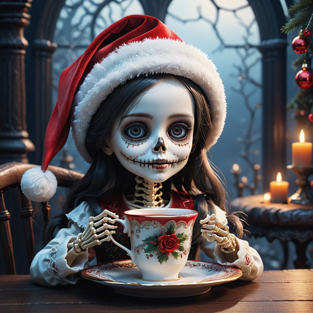 a tiny Christmas girl doll wearing Santa hat that is sitting down with a cup of tea, by Eddie Mendoza, gothic art, textured detailed skeleton, creepy child doll, superb detail 8 k masterpiece, surreal tea party, gothic girl face, super intricate, porcelain doll, intricate ornate anime cgi style, beautiful and terrifying, profile pic, Christmas nightmare theme,Ultra-detailed 3D digital art, high resolution, photorealistic rendering, sharp focus, high-quality background, ultra-detailed landscape, ultra-sharp focus, consistent style, unique and well-developed concept, Unreal Engine, intricate details, beautiful color grading, bright lights , symmetry.
