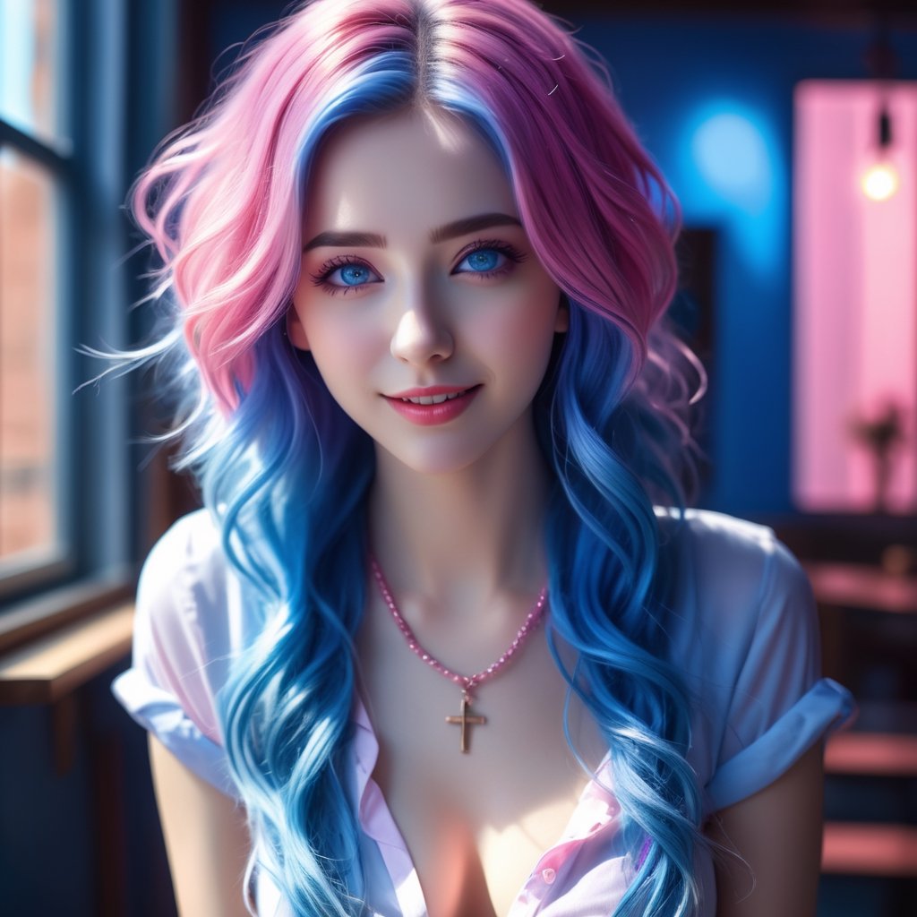 1girl, photorealistic, naughty face, multicolored hair, pink hair, blue hair, rolling_eyes, cross-eyed, ahegao, open mouth, evil smile,(RAW photo, best quality), (realistic, photo-Realistic:1.3), best quality, masterpiece, beautiful and aesthetic, 16K, (HDR:1.4), high contrast, (vibrant color:1.4), (muted colors, dim colors, soothing tones:0), cinematic lighting, ambient lighting, sidelighting, Exquisite details and textures, cinematic shot, Warm tone, (Bright and intense:1.2), ultra realistic illustration, siena natural ratio, 	(fantasy theme:1.4),	very long curly hair, (pink|blue hair:1.5), shirt unbuttoned,	a beautiful Ukrainian model, 	blue eyes,	Ruby necklace, bracelet, provocative, looking at the viewer