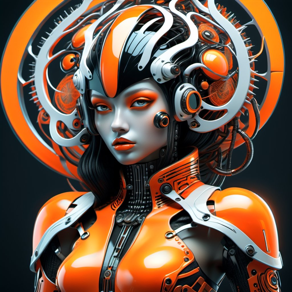 ma black and white, futuristic woman in an orange dress, in the style of highly stylized figures, cybergoth, naoto hattori, 8k 3d, botticelli-esque figures, shiny/glossy, luminescent color scheme,Ultra-detailed 3D digital art, high resolution, photorealistic rendering, sharp focus, high-quality background, ultra-detailed landscape, ultra-sharp focus, consistent style, unique and well-developed concept, Unreal Engine, intricate details, beautiful color grading, bright lights , symmetry.
