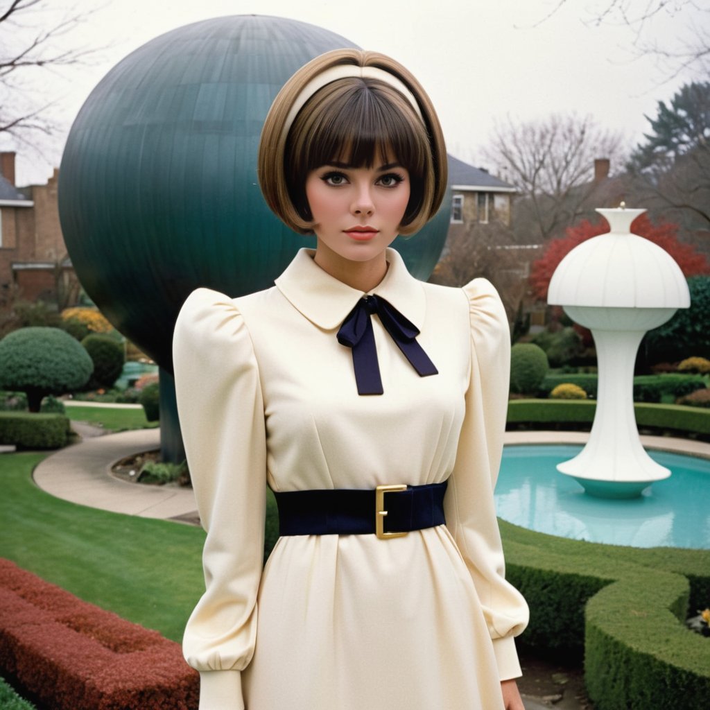 spoiled entitled woman with short bobbed hair with short straight severe bangs 1970's double knit polyester long sleeved princess dress belted with huge poofy shoulders with very wide and very large shoulder pads with a huge collar, with a fancy blouse tie in a weird abstract sculpture garden