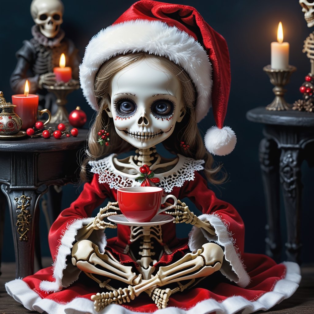 a tiny Christmas girl doll wearing Santa hat that is sitting down with a cup of tea, by Eddie Mendoza, gothic art, textured detailed skeleton, creepy child doll, superb detail 8 k masterpiece, surreal tea party, gothic girl face, super intricate, porcelain doll, intricate ornate anime cgi style, beautiful and terrifying, profile pic, Christmas nightmare theme,