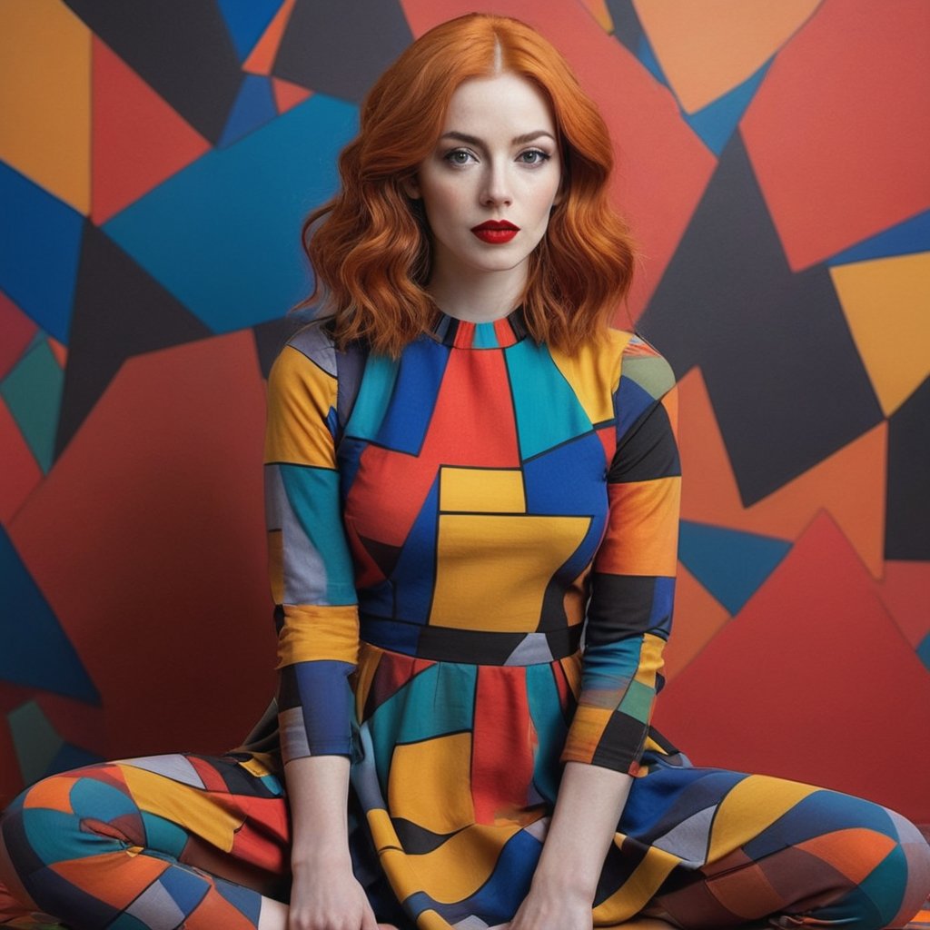 A panoramic photo featuring a woman sitting in front of a colorful, abstract background. She has shoulder-length, slightly wavy, bright orange hair that falls over her shoulders. Her face is delicate and even, with perfectly applied eye makeup and red lips. She looks directly at the camera with a pensive expression. The woman is wearing a striking, colorful dress in the style of abstract expressionism. The dress is made up of geometric shapes in bold colors like yellow, red, blue, and black. The dress has long sleeves and appears to reach her knees. Her left hand supports her face while her right arm rests loosely on her lap. The background consists of large abstract color fields in similar colors to the dress. These color fields are irregularly shaped and resemble a large-scale painting. The colors in the background harmonize with those of the dress, creating a visual connection between the woman and the background. The lighting in the image is soft and even, highlighting the woman.