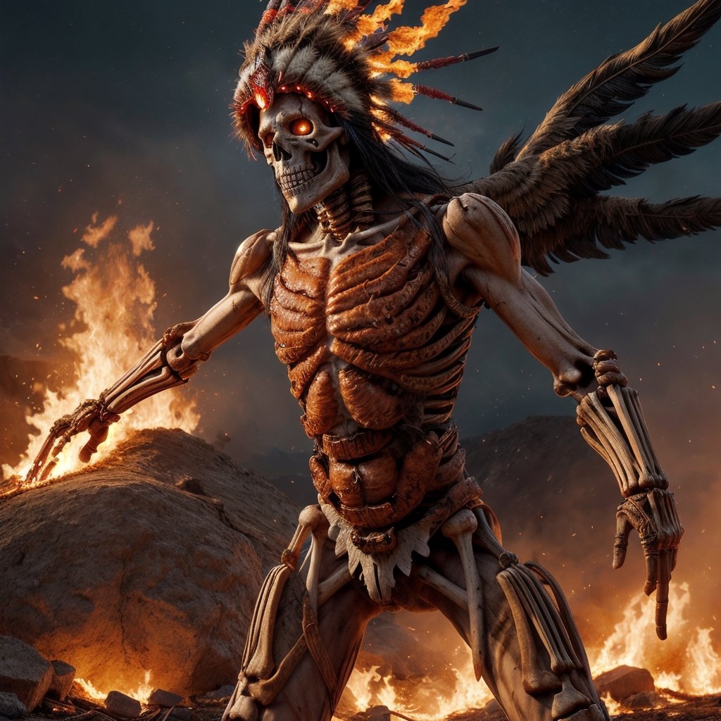 Full image of a Skeleton with full of fire , with lakota headdress in the battlefield, fire burning everywhere, flame on , post apocalypse, realistic, 34k, dc comics,realistic,More Detail