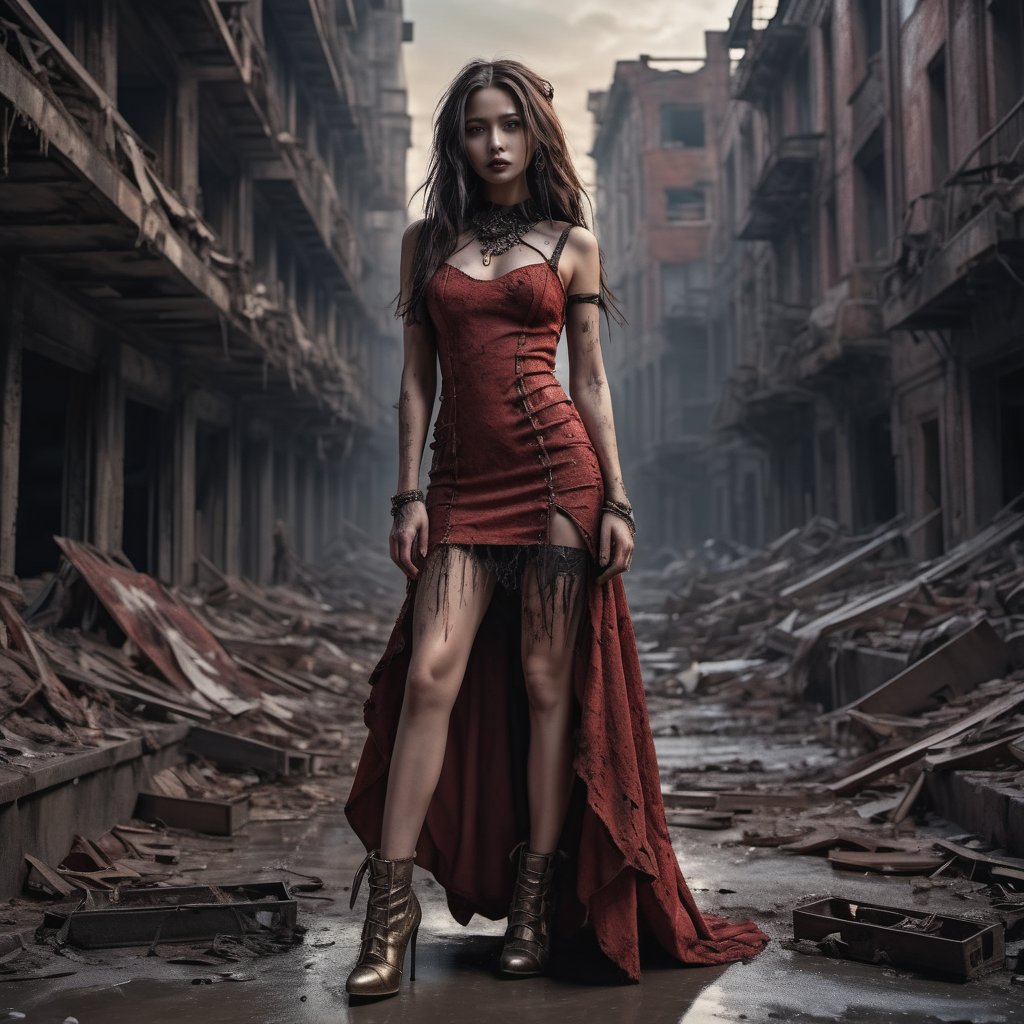A cinematic photo of a stunning model in red with open shoes, luxury dress, in the style of multi-layered textures, ornate details, gothic core, highly detailed, photorealism, attractive, gorgeous beauty, as she stands dominantly and confidently in a desolate, dark post-apocalyptic cityscape, capturing the stark juxtaposition of beauty and decay, with the model's flawless skin glowing like a beacon of hope amidst the ravaged urban landscape. photographed with a focused depth of field to blur the bleak surroundings, emphasizing her striking, rebellious pose. full body, golden hour.

