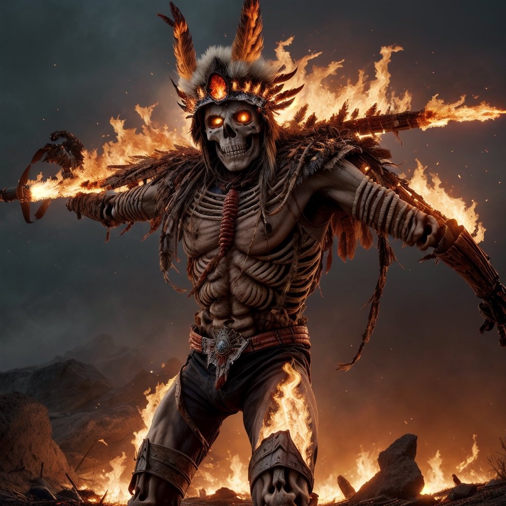 Full image of a Skeleton with full of fire , with lakota headdress in the battlefield, fire burning everywhere, flame on , post apocalypse, realistic, 34k, dc comics,realistic