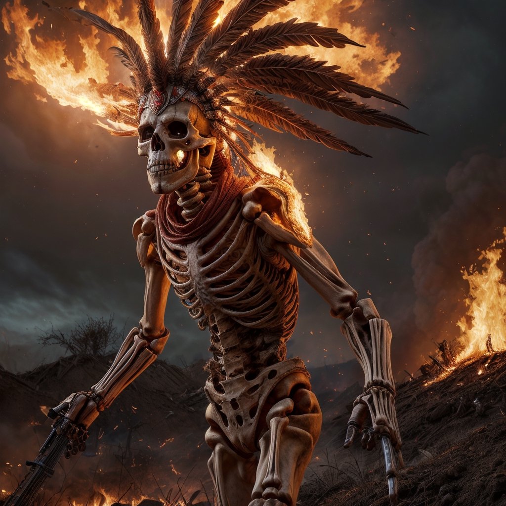 Full image of a Skeleton with full of fire , with lakota headdress in the battlefield, fire burning everywhere, flame on , post apocalypse, realistic, 34k, dc comics,realistic,More Detail