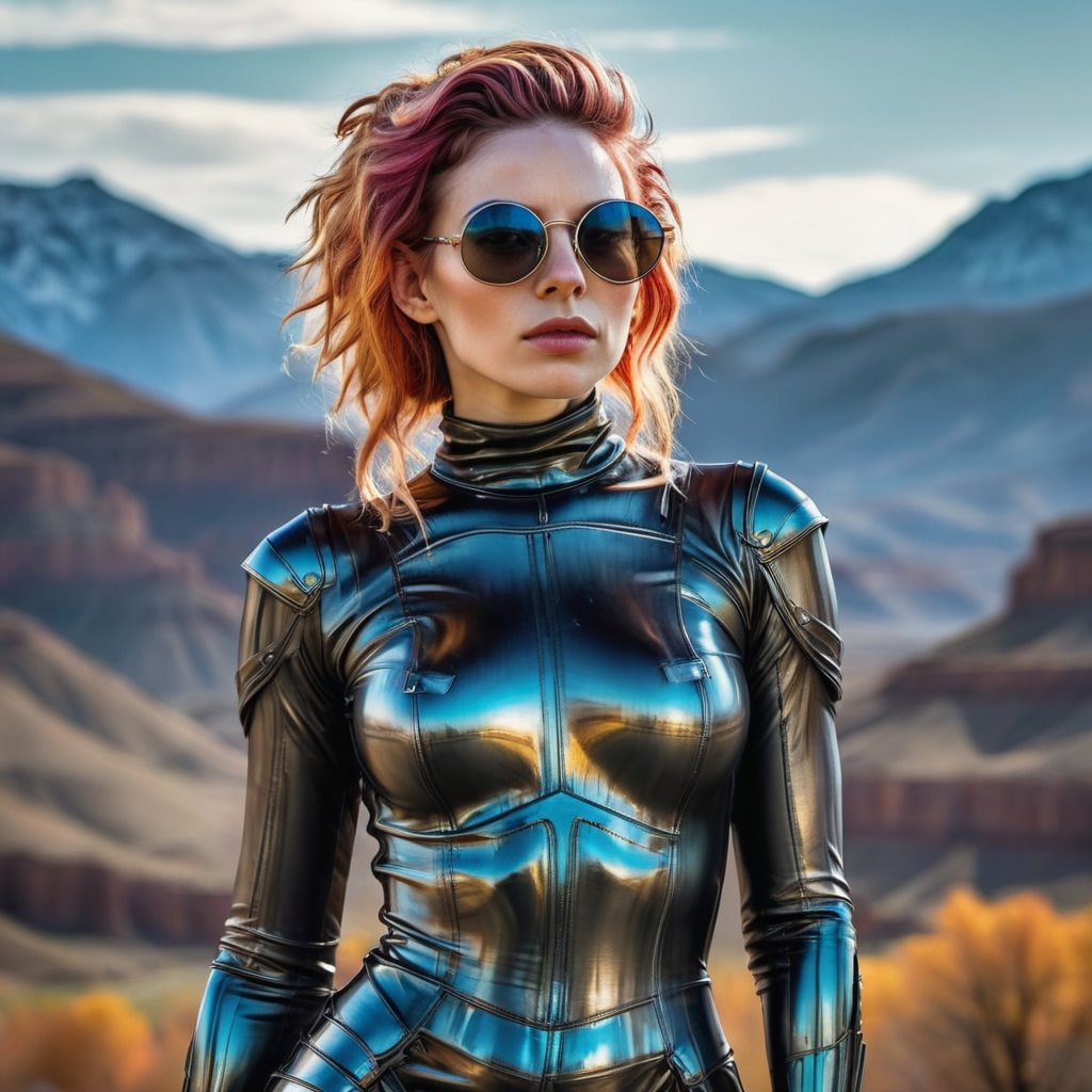 Realistic portrait, captured from a low-angle perspective with HDR and RAW detail. Depict an "Autumn Enchantress" with a cyberpunk gothic aesthetic. She is slender and crouched, exuding the mystique of a fusion between the artistic styles of Robert Mapplethorpe and Mona Kuhn. Her form is encased in a biomechanical exoskeleton, with vibrant multicolored hair cascading down. She wears a long, leather dress that flows with subtle, sophisticated elegance.

The background is inspired by Max Rive's dramatic landscapes, featuring towering mountains and expansive skies that evoke a sense of grandeur. She wears oversized sunglasses that reflect a haunting post-apocalyptic landscape, introducing a narrative of survival and resilience. The influence of Vincent van Gogh emerges in the portrayal of a demonic figure in the distance, distorted yet captivating, representing the tortured beauty of the human condition.

The scene is set in the amber hues of dusk, with ethereal lighting casting intricate shadows across the wild terrain. There is a sense of ancient nomadic tribes converging with futuristic technology, where the traditional collides with the avant-garde. The overall aesthetic is reminiscent of a high-fashion magazine cover, merging the sublime with the surreal in a captivating visual narrative.

