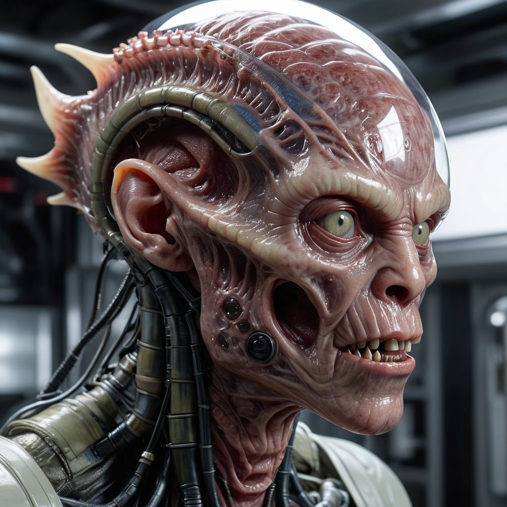 Hyperrealistic, HD, intricate details, humanoid decapodicampes monster, head and half head, with half translucent body and internal in a high-tech alien lab, translucent-flesh-grey, raw meat face, edges merged, smooth heads, smooth face, organic smooth scaly skin, horn, spacesuit, helmet, wet, bulky, old civic building, silk skin, compound eyes, tiny bug eyes with slit pupils, solid neck, hair, focus, by pascal blanche rutkowski repin artstation hyperrealism, 4 k 