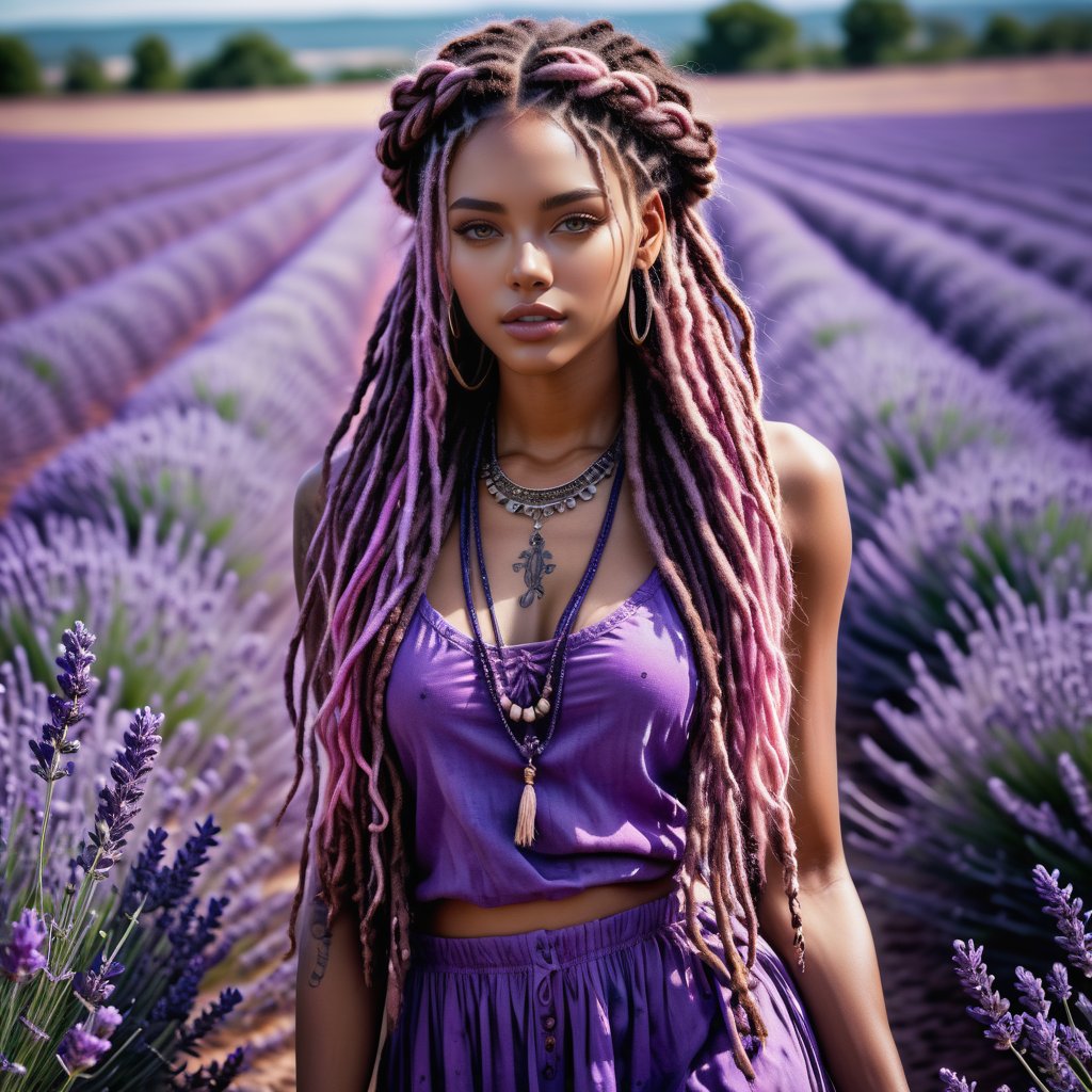 Realistic and Stunning woman dressed in purple and wearing boho clothing, long pink and purple dreadlocks and braids, stunning woman standing amidst a sea of ​​lavender, ink splashes accentuate the intricate details of her outfit, shades of violet blend with the purple hues of the surrounding flowers, high contrast between subject and background, lavender field stretching to the horizon, soft focus background, ink splashes adding dynamic texture, natural light, ultra-fine and dramatic lighting. Realistic lighting, highly detailed,beautiful hair, long hair