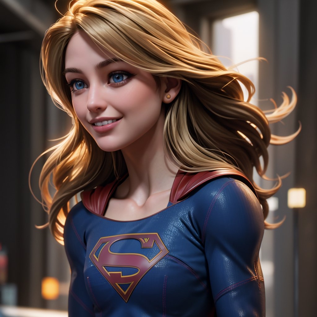 real, atmospheric scene, masterpiece, best quality, (detailed face, detail skin texture, ultra-detailed body),(cinematic light),, 1girl, s0p3r6m3l1s4-smf, solo, realistic, blonde hair, blue eyes, long hair, superhero, lips, upper body, smile, closed mouth, bodysuit, teeth, grin,cyberpunk,girl