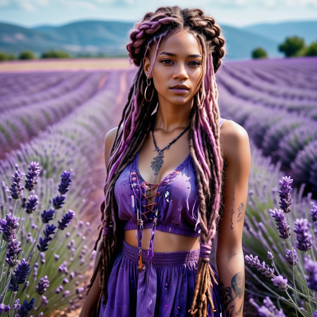 Realistic and Stunning woman dressed in purple and wearing boho clothing, long pink and purple dreadlocks and braids, stunning woman standing amidst a sea of ​​lavender, ink splashes accentuate the intricate details of her outfit, shades of violet blend with the purple hues of the surrounding flowers, high contrast between subject and background, lavender field stretching to the horizon, soft focus background, ink splashes adding dynamic texture, natural light, ultra-fine and dramatic lighting. Realistic lighting, highly detailed